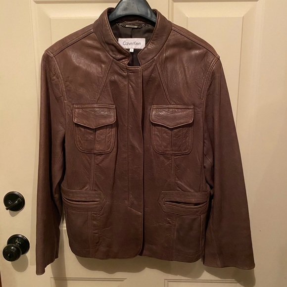 calvin klein leather jacket brown